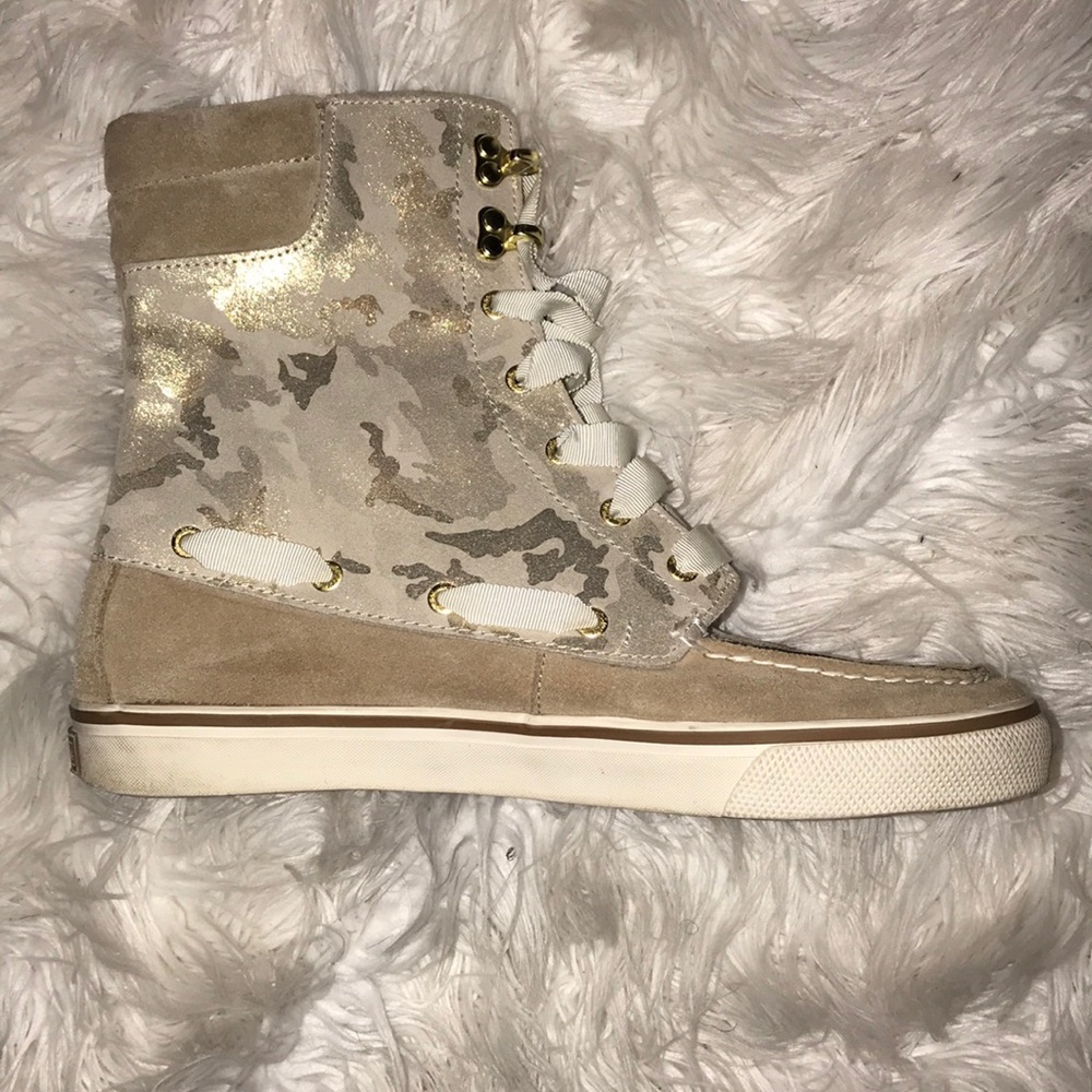 Tan and Gold Camouflage Women Sperry Boots